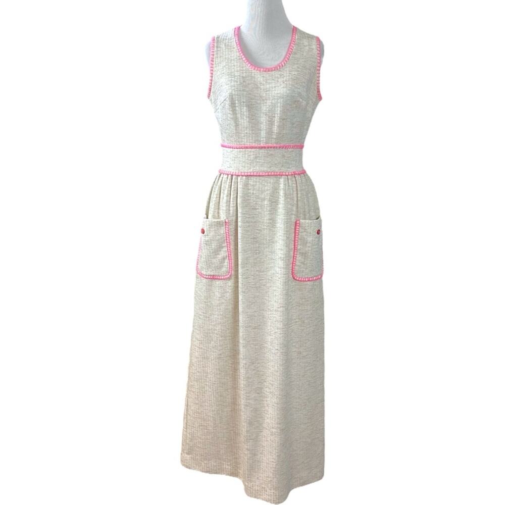 Vintage 60s 70s Shady Lane Sleeveless Cream Maxi Dress Spring Mod USA Size Small - Picture 2 of 12